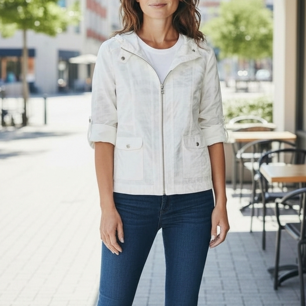 Laura Ashley White Zip Up Jacket Silver Stripe Print M